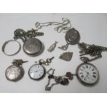 A pocket watch marked Touchon, together with a silver lady's fob watch, two others, various silver
