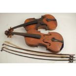 Two cased violins, together with three bows, one stamped Japan, another J Pikadoulak