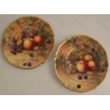 Two Royal Worcester cabinet plates, decorated with fruit to a mossy background by H H Price, both