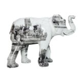 Inky the Elephant A black and white elephant, with Worcester scenes intricately hand drawn in pen