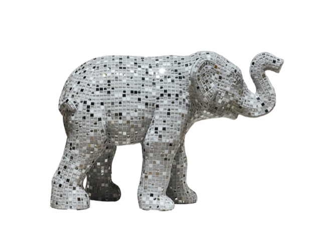 Spark-Ele An elephant calf sculpture, covered in small white, mirrored and shiny mosaic tiles H730mm