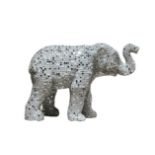 Spark-Ele An elephant calf sculpture, covered in small white, mirrored and shiny mosaic tiles H730mm