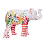 An Elephant Never Forgets A pink elephant with brightly coloured flowers and bees, with spotted