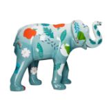 Memories of Home Turquoise coloured elephant, decorated with leaves, flowers and fruit H1600mm x