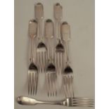 A set of five silver fiddle pattern dinner forks, together with another, all engraved with initials,