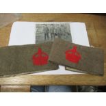 Two WW1 Army Council khaki armbands with felt crown, one with Army Council stamp to the inside,