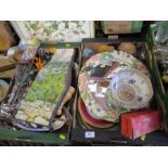 Two boxes of sundry china, cutlery, etc. to include Spode bowl