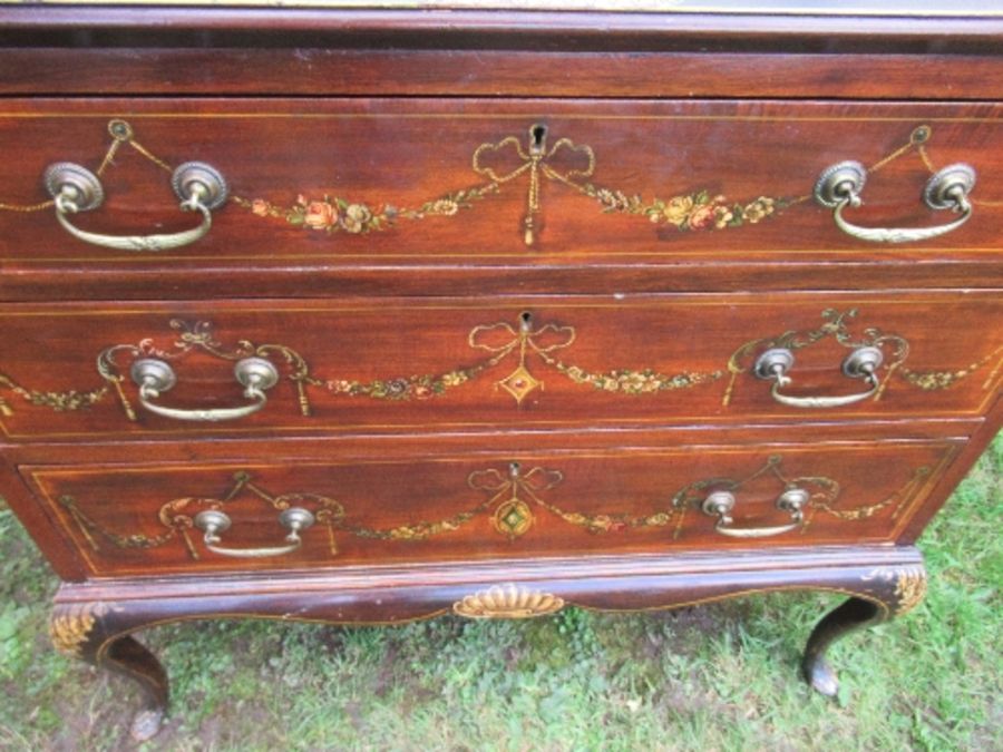 A mahogany bureau, with painted decoration, the fall flap having panel of neoclassical figures, - Image 4 of 6