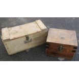 A pine box, with brass hinges and clasp, 26ins x 12ins x 14ins, together with another pine box