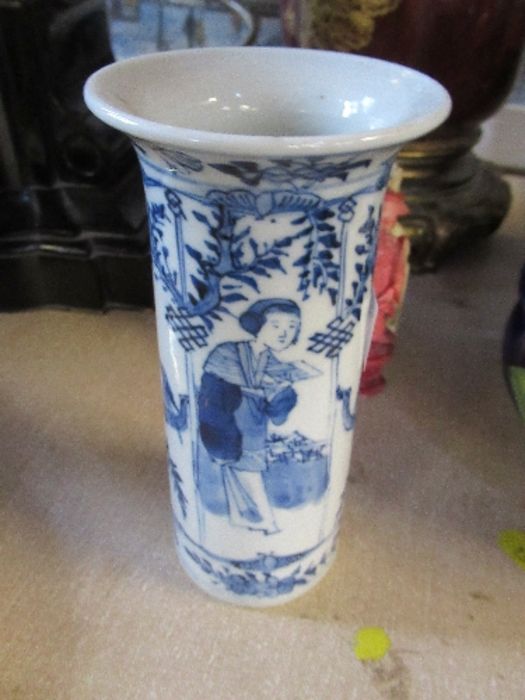 An Oriental blue and white vase, of cylindrical form with flared rim, character marks to the base, - Image 3 of 5