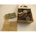 A box of various coins, to include shillings, crowns, Georgian cartwheel penny 1797, commemorative