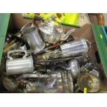A box of metalware, to include tankards, flatware, jugs, etc.