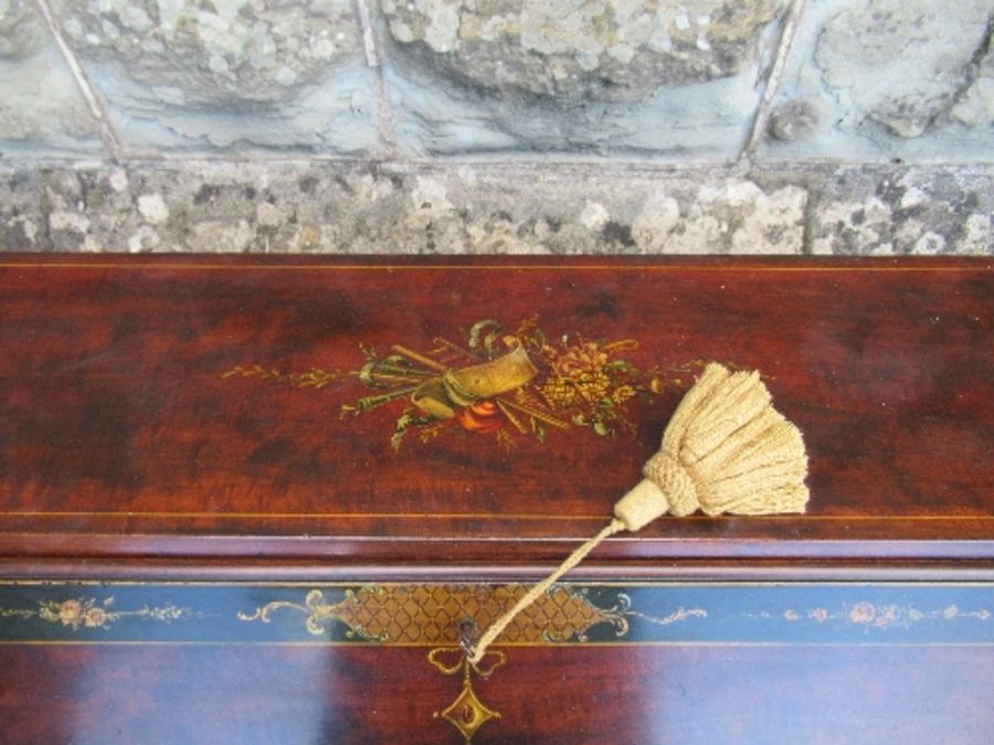 A mahogany bureau, with painted decoration, the fall flap having panel of neoclassical figures, - Image 3 of 6