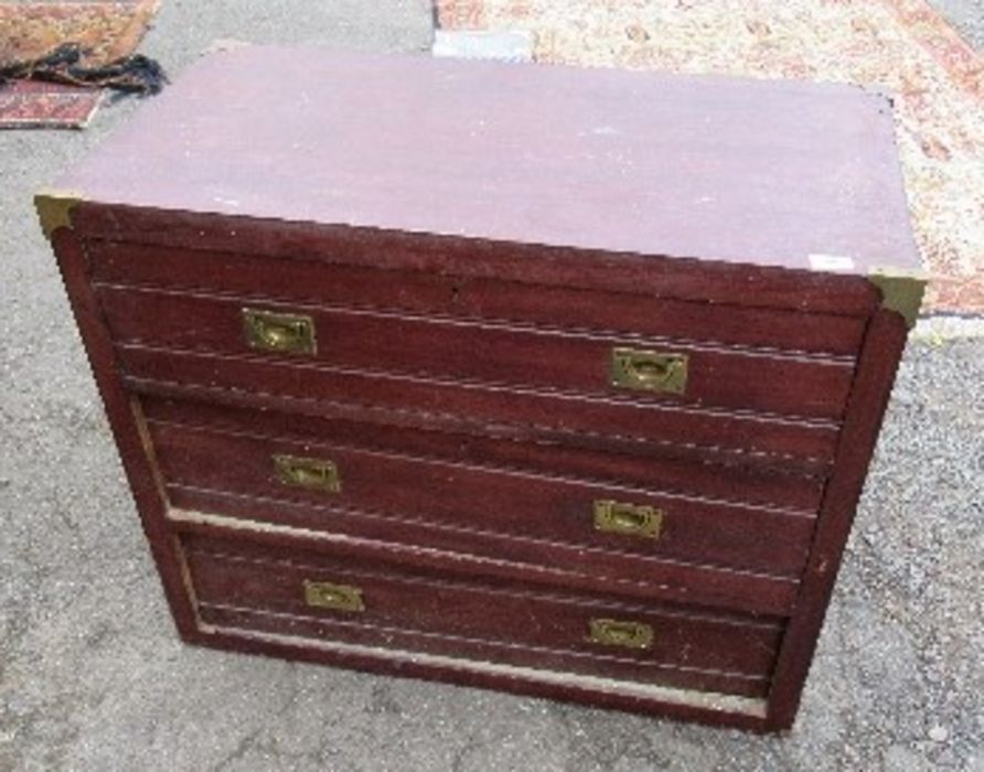 A campaign style chest of drawers, 34.5ins x 18ins, height 28ins