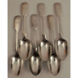 A set of six silver fiddle pattern dessert spoons, engraved with initials, London 1874, weight 9oz