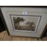 35759 - A 19th century sepia etching, landscape with figures and animals, 9ins x 11ins