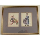 Two Chinese watercolours on rice paper, of a warrior and a figure carrying a box, framed as one, 3.