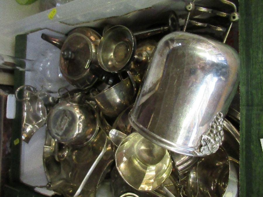 A box of silver plate, including glass decanter, etc.