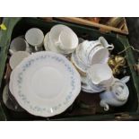 A box of assorted sundries to include Royal Vale teaware, Goebel bird, tea pot, etc.
