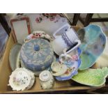 A box of assorted ceramics, to include a Goss crested tea pot, cup and saucer, various serving
