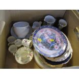 A box of assorted china, to include plates, Royal Worcester Roanoak coffee cans and saucers etc