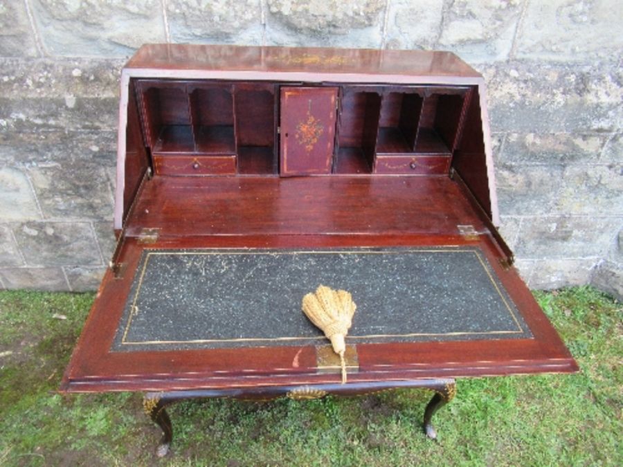 A mahogany bureau, with painted decoration, the fall flap having panel of neoclassical figures, - Image 6 of 6