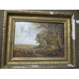 An oil on artist board, landscape with trees and gate, 7ins x 10ins