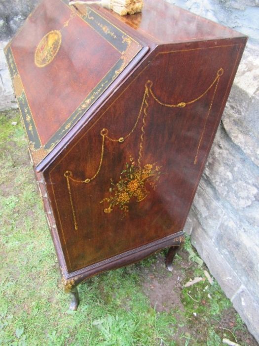 A mahogany bureau, with painted decoration, the fall flap having panel of neoclassical figures, - Image 5 of 6