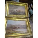 Two oil on board, moorland scene, and highland cattle watering, one signed, one inscribed verso, The