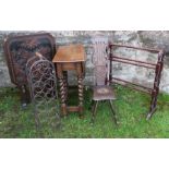 A carved Oriental decorated tilt top table, together with a gateleg table, carved milking chair,