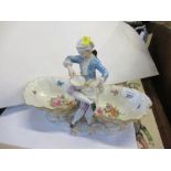 A 19th century Meissen porcelain sweet meat dish, formed as a seated figure holding a pan with a