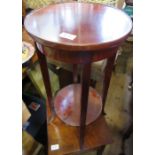 A mahogany plant stand, a cane stool and a sewing box