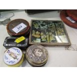 A circular pot, set with medals, dated 1837, together with three other boxes and four boxed Oriental