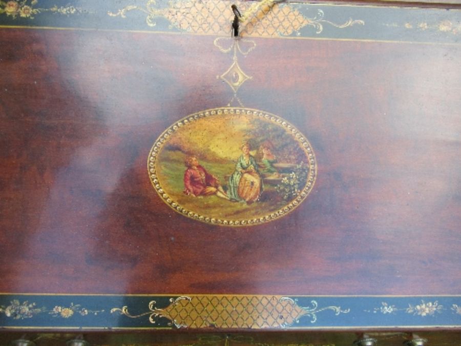 A mahogany bureau, with painted decoration, the fall flap having panel of neoclassical figures, - Image 2 of 6