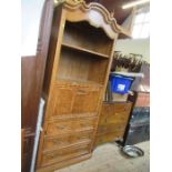 A Thomasville oak and burr wood cabinet, fitted with a shelf over fall flap and drawers, af,