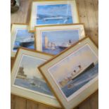 Bouwens, three colour prints, RMS Queen Mary, RMS Queen Elizabeth and QE2, together with a