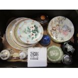 A box of sundry china, to include collectors plates, Wedgwood, commemorative bells, etc.