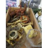 A Box of sundries to include wooden African animals, metalware, cut glass bowl and vase, etc.