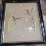 A framed tapestry picture of two kingfishers, bull rushes and iris's, 23.5ins x 20.5ins