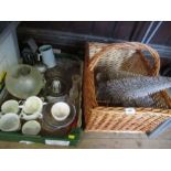 A basket containing Christmas tree decorations, together with four boxes of sundries to include