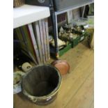 An Antique swing handled coopered pail, with brass banding, together with a warming pan