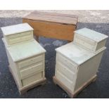 A pine drop leaf table, together with a pair of painted drawers and another table