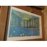 Van Gogh print, together with a map of Great Britain, a large picture of a boat and a wall mirror
