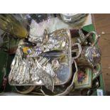 A box of silver plate, to include flat ware, candle sticks, tray, etc.