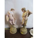 A pair of 20th century coloured parian figures, of Classical maidens, height 14.5ins - The figures