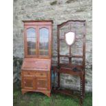 An oak bureau bookcase, width 30ins x height 80ins, together with a hall stand, and a serpentine