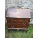 A mahogany bureau, with painted decoration, the fall flap having panel of neoclassical figures,