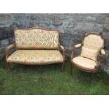 A two seat salon settee, together with a continental open armchair, width 50ins