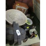 A collection of sundries to include tribal bookends, mantle clock, collectors plates, glass,