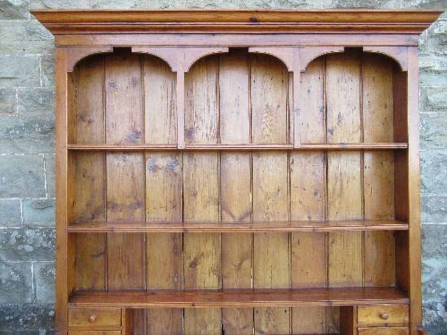 A pine dresser, with arcaded upper section, width 70ins x depth 16ins x height 84ins - Image 3 of 4